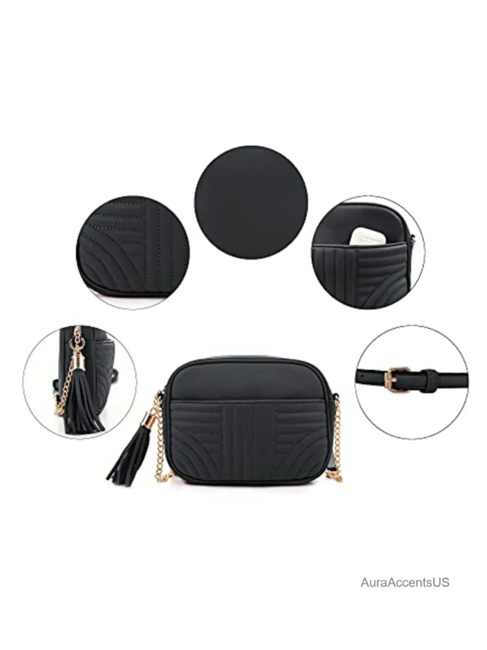 Quilted Crossbody Bag with Tassel - Faux Leather Camera Purse